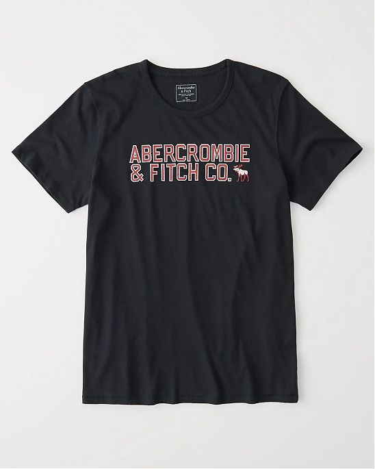 Moscow USA предлагает вам купить футболку Abercrombie Fitch темно-синего цвета с нашитой красной надписью и логотипом в виде лося. Модель 03748. Доставка по России, Москве и области, самовывоз.