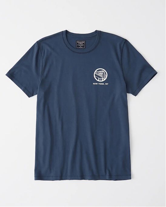 Moscow USA предлагает вам купить футболку Abercrombie Fitch синего цвета с принтом на груди и спине. Модель 04088. Доставка по России, Москве и области, самовывоз.