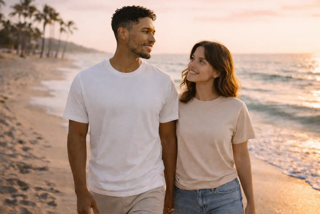 Купить качественную футболку: летний образ у моря, белая футболка и тёмно-синий низ