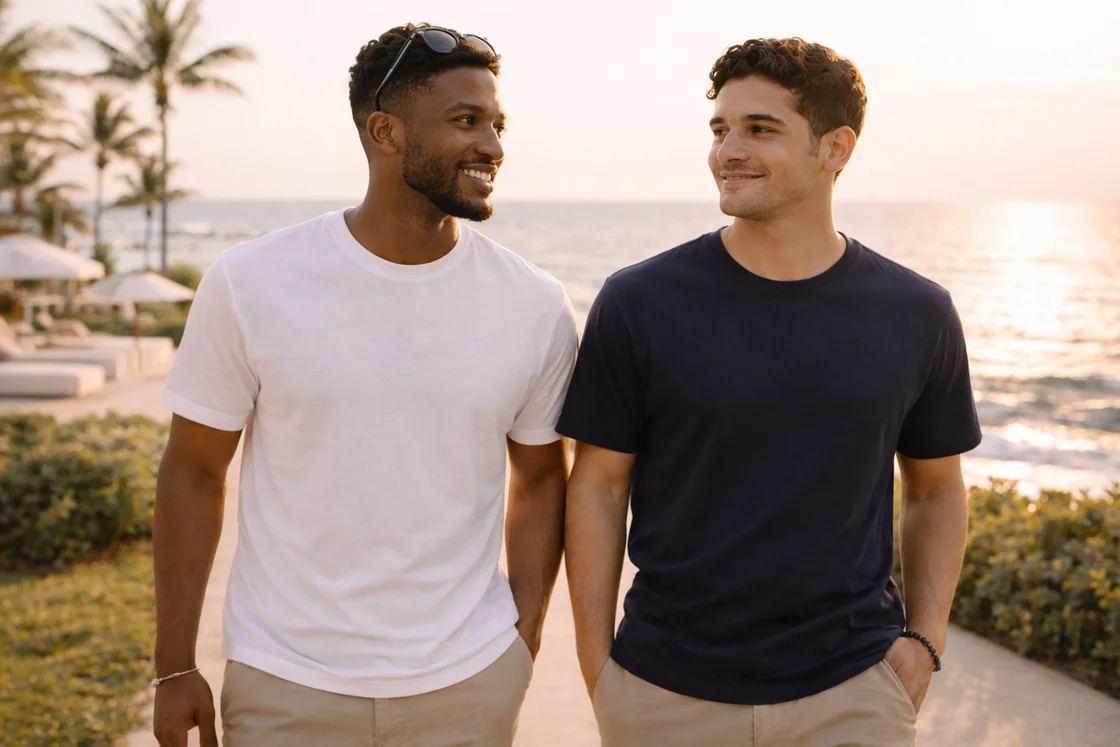 Купить качественную футболку: летний образ у моря, белая футболка и тёмно-синий низ