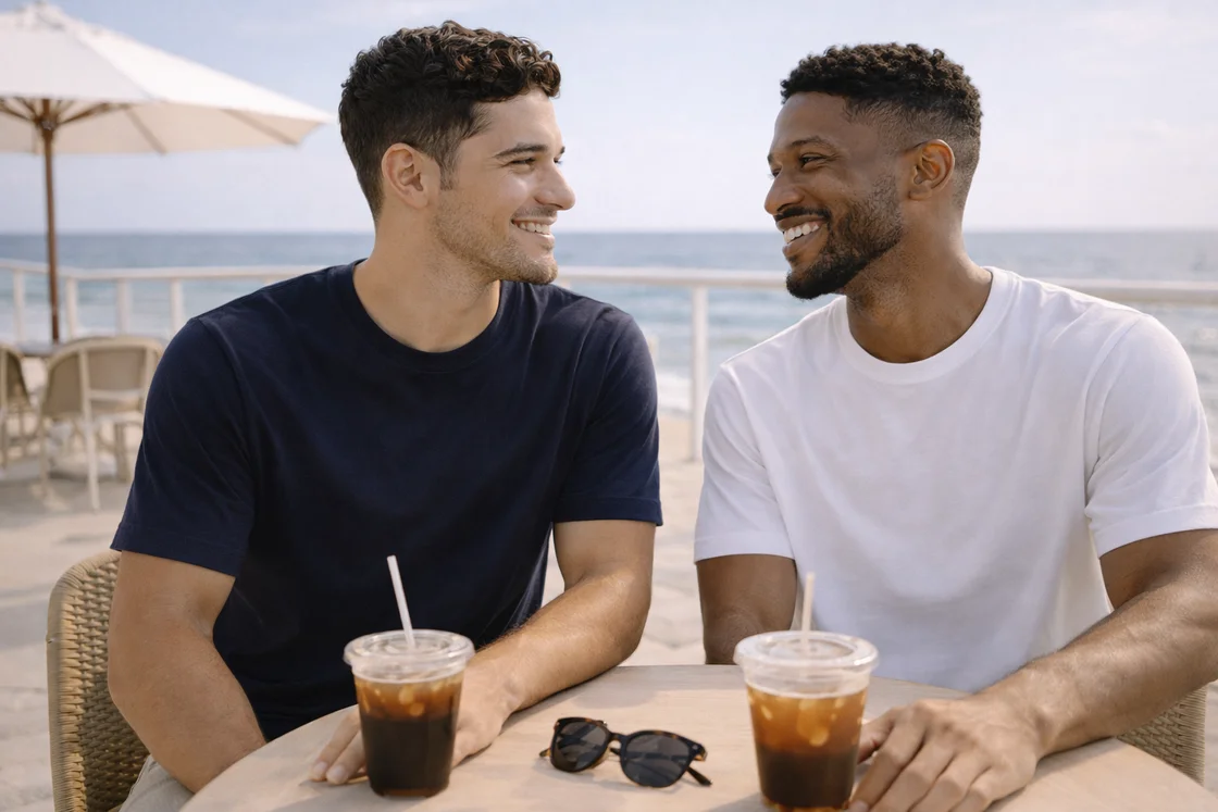 Качественная футболка: летнее кафе у моря, тёмно-синий и белый цвета