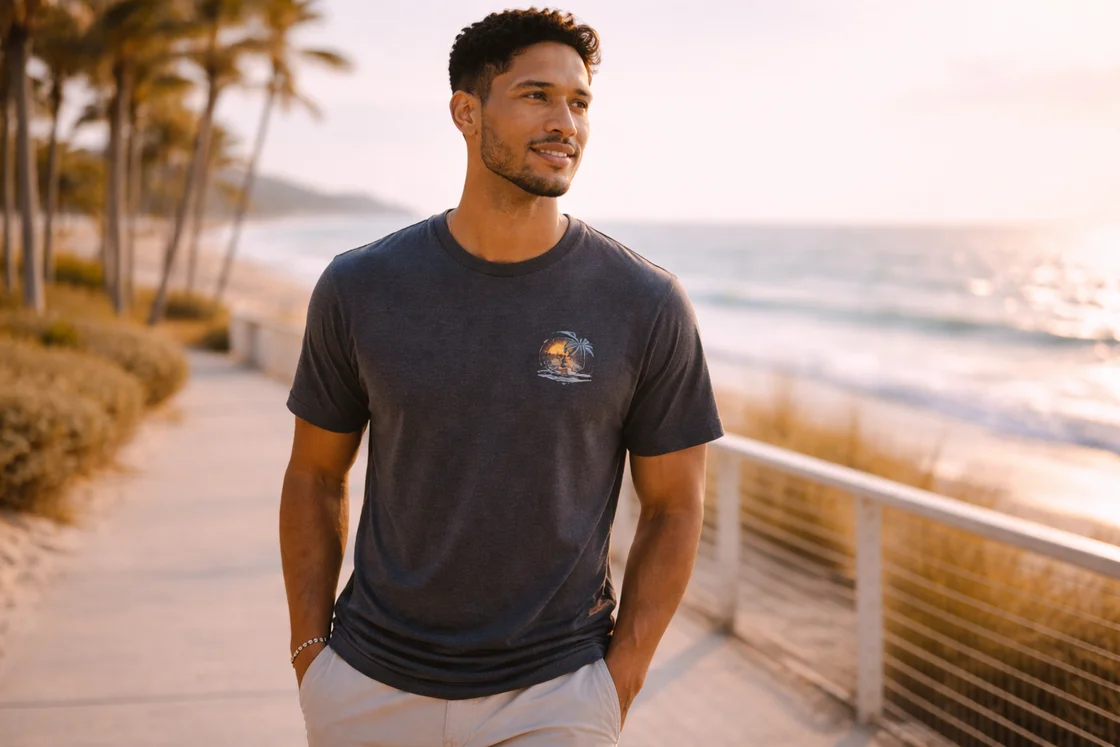 Футболка с принтом: аккуратная печать, прогулка по берегу, премиальный стиль