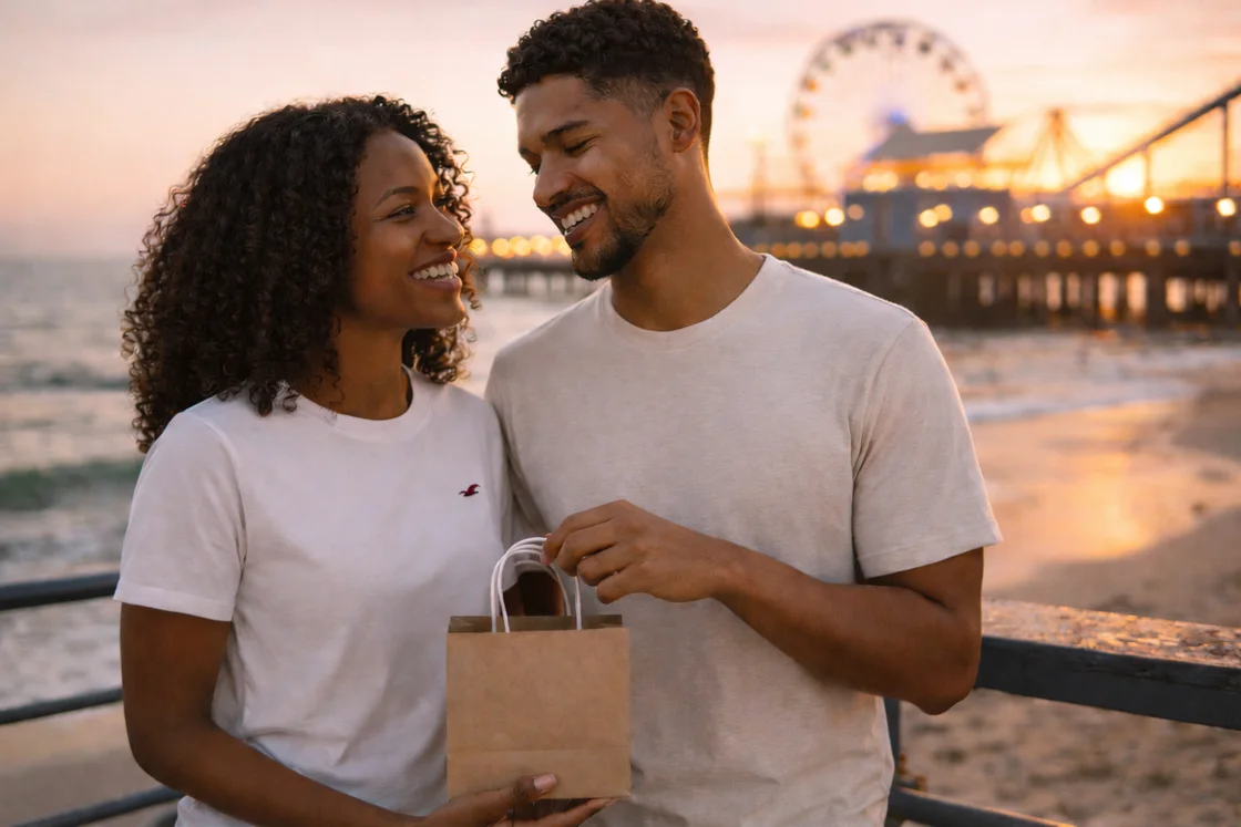 Пара в футболках на набережной на закате, стиль Hollister: идея покупки выгоднее напрямую