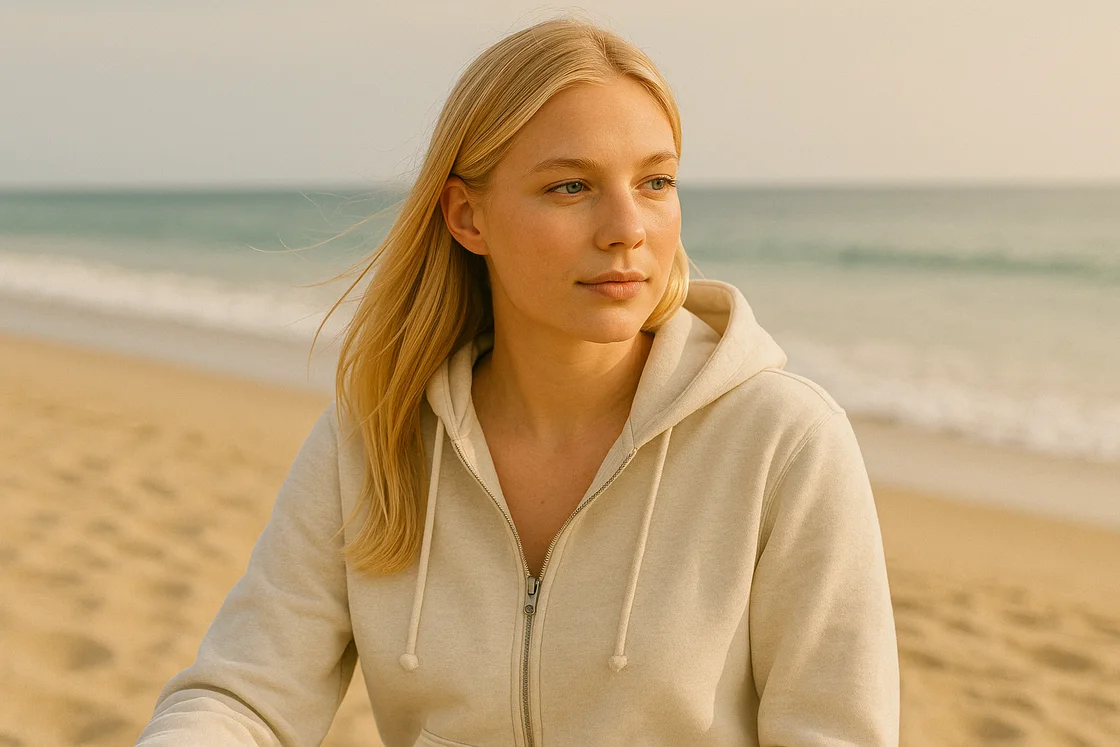 Девушка в толстовке на молнии Девушка в толстовке на молнии около океана