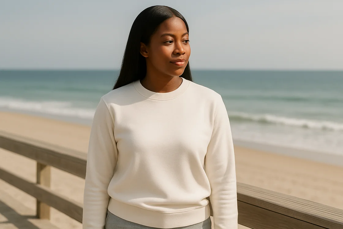 Девушка в свитшоте Девушка в свитшоте около океана