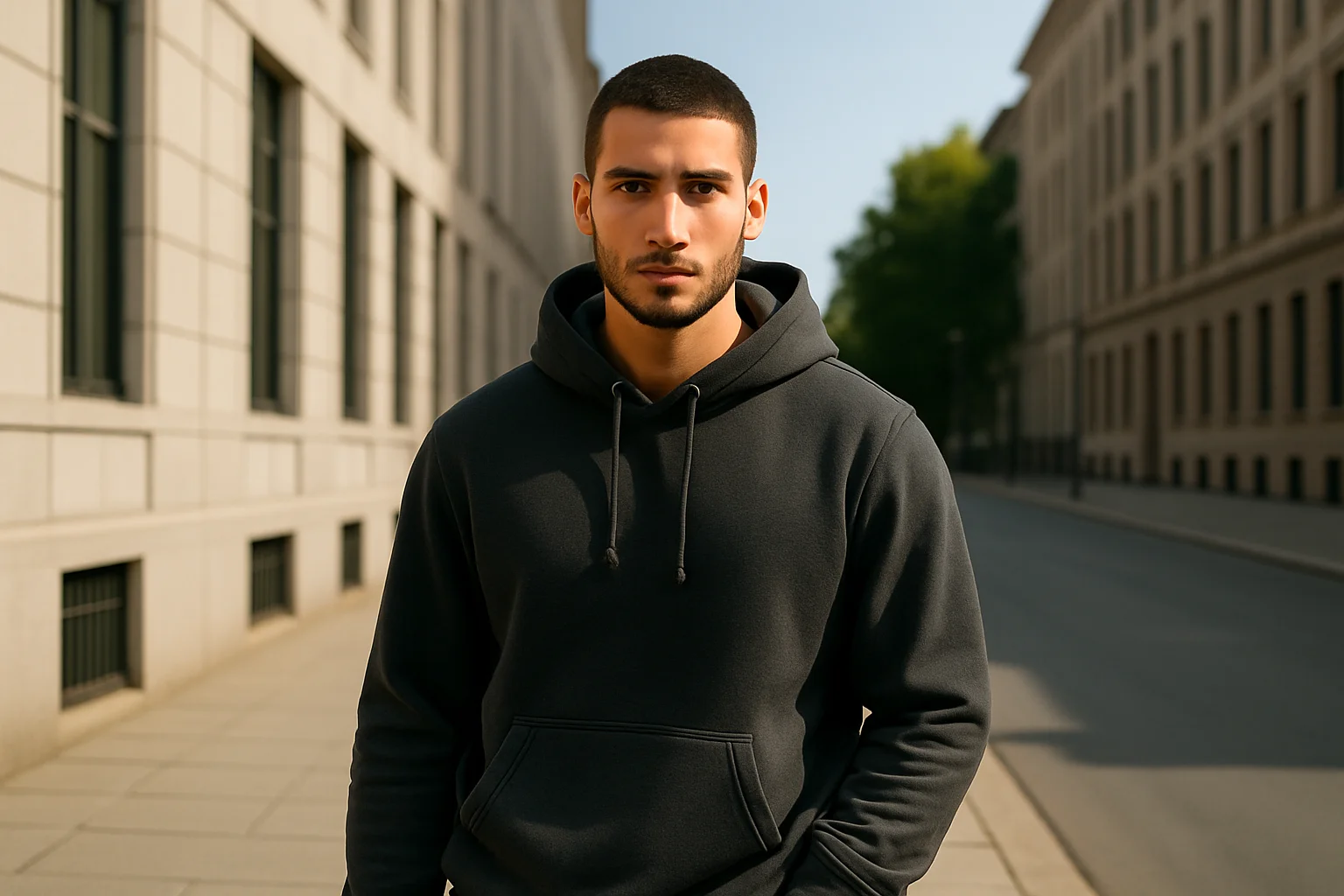 Мужчина в оригинальной мужской толстовке в городском стиле