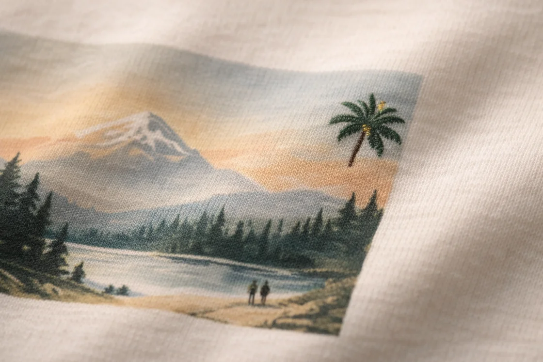 Крупный план принта на премиальной футболке: ровные края, аккуратная фактура, без трещин и липкости