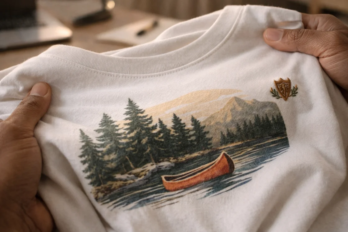 Футболка с принтом и вышивкой: embroidered-детали, спокойный премиальный стиль, уютная рабочая сцена