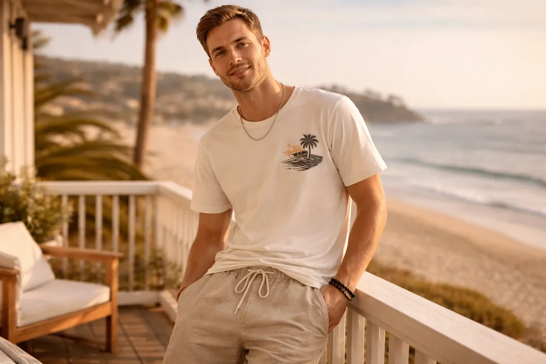 Мужчина в качественных летних шортах в тёплом солнечном образе в стиле Hollister