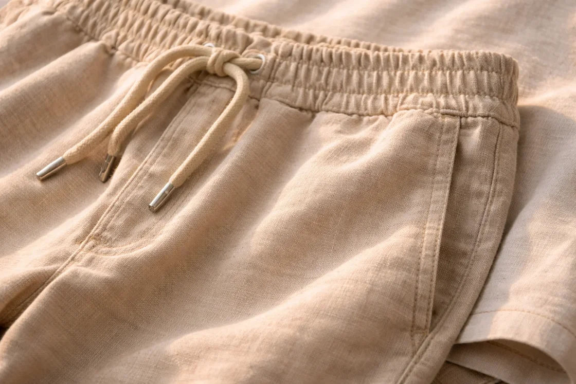Крупный план ткани, пояса и швов качественных мужских шорт в солнечном свете