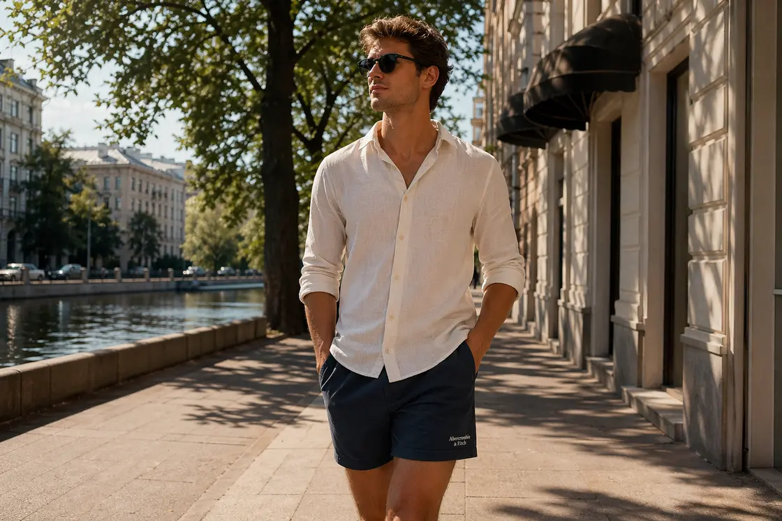 Мужчина в хлопковых шортах в летнем городском образе