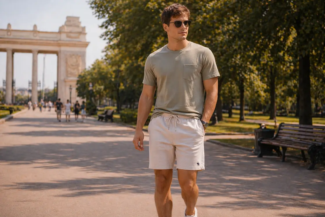 Модель Abercrombie в летних мужских шортах