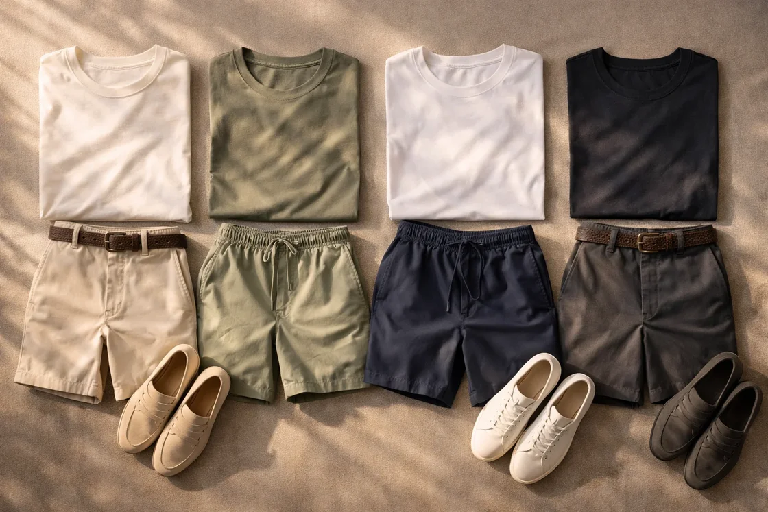 Бежевые, оливковые и темно-синие мужские шорты в стильной раскладке гардероба