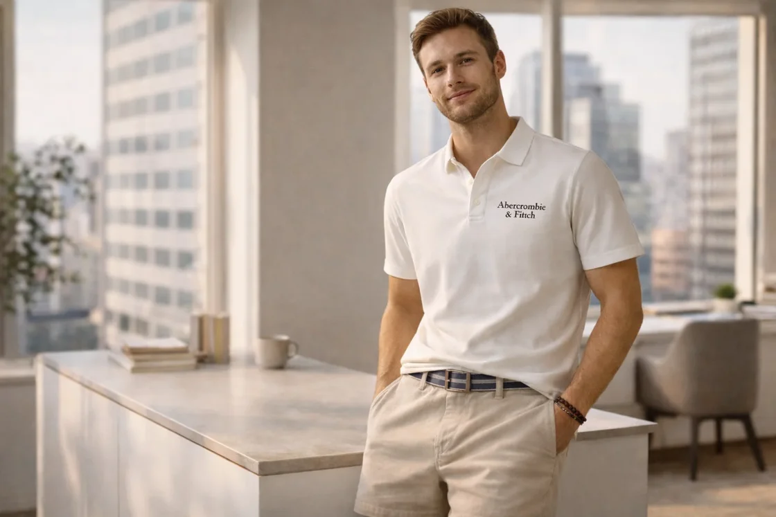 Мужчина в классических хлопковых шортах в городском образе в стиле Abercrombie & Fitch