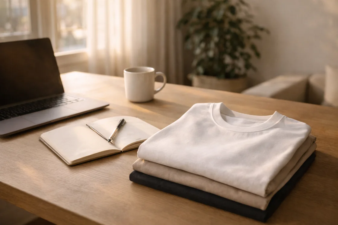Уютная рабочая сцена: аккуратно сложенные однотонные футболки рядом с ноутбуком и чашкой кофе