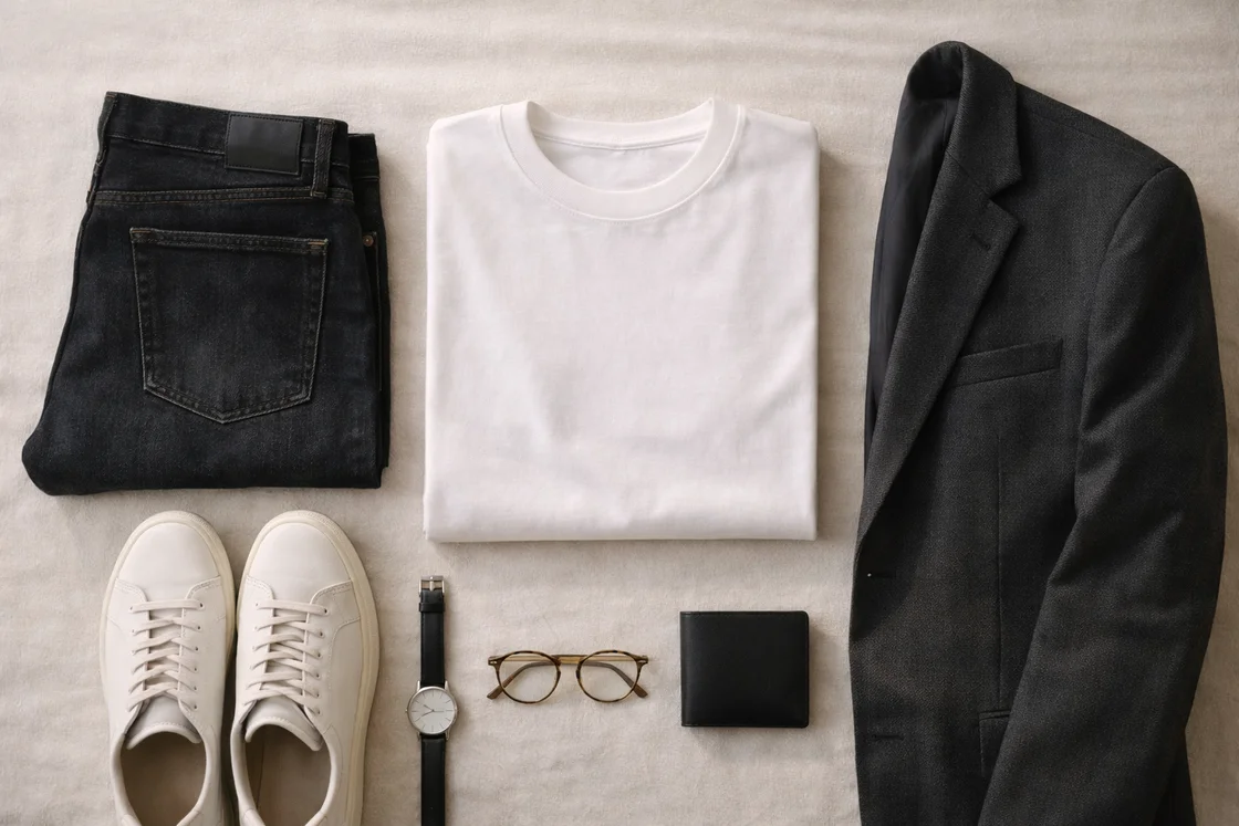 Капсульный гардероб: базовая футболка рядом с джинсами, пиджаком и кедами, спокойный премиальный стиль