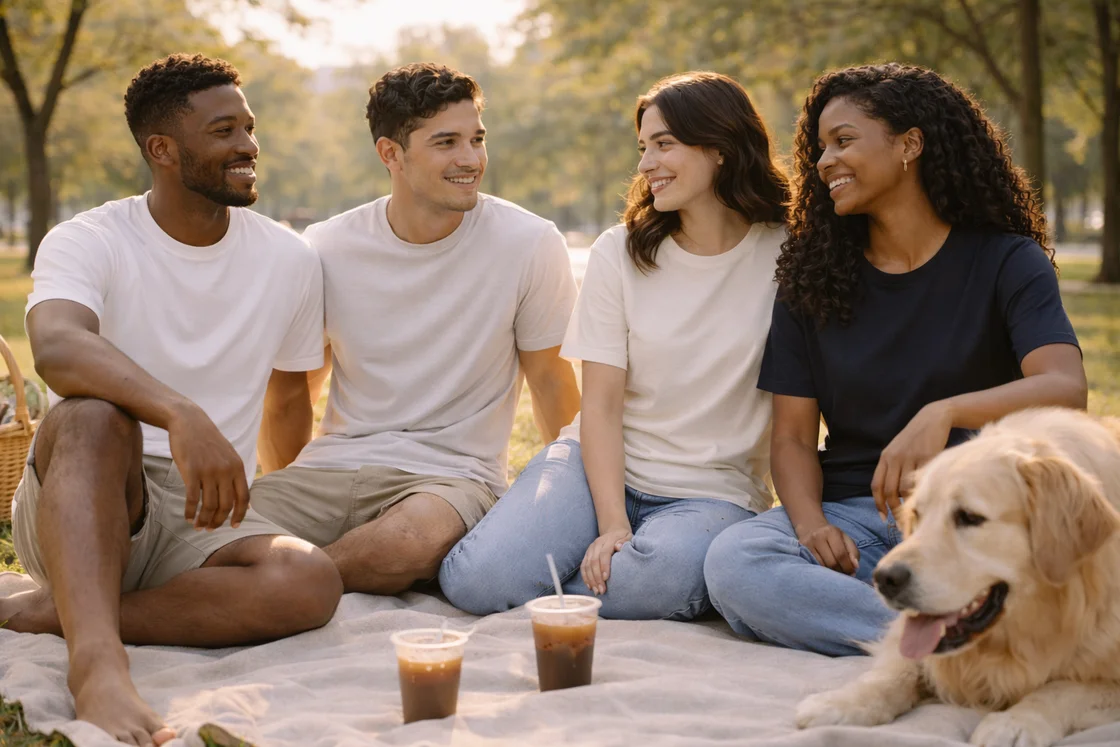 Премиальный летний образ с качественными футболками: пикник в парке