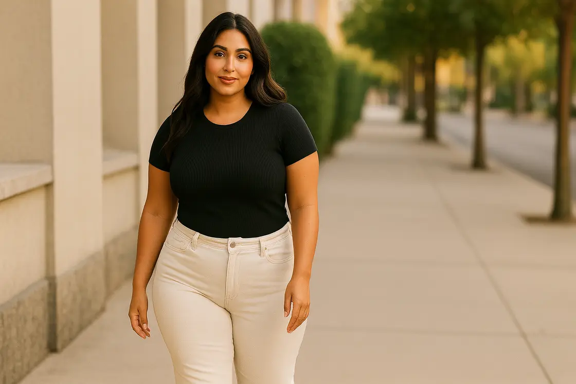 Женская модель в футболке Abercrombie & Fitch и Hollister