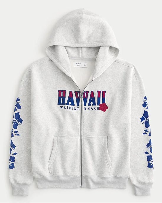 Мужская толстовка Hollister Boxy с молнией и вышивкой Hawaii. Оригинальная модель, бесплатная доставка и примерка по России