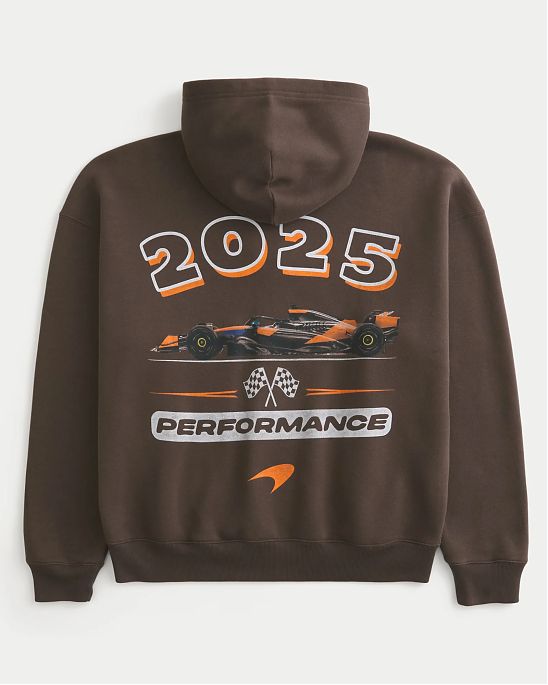 Мужская толстовка Hollister тёмно-коричневого цвета с принтом Макларен, капюшоном и молнией. Оригинальная модель, бесплатная доставка и примерка по России.