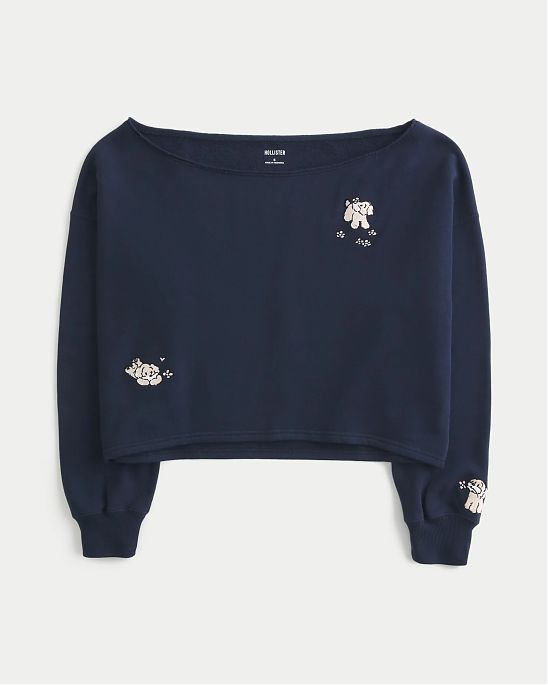 Женский свитшот Hollister с открытыми плечами и вышивкой собачки в темно-синем цвете. Оригинальная модель 08186, бесплатная доставка и примерка по Москве и России