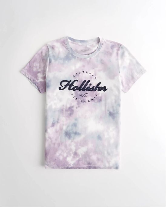 Женская футболка Hollister синего цвета с эффектом tie dye и фирменным логотипом. Модель 06688. Подробное описание и цена товара. Доставка по России, Москве и Области от Moscow USA