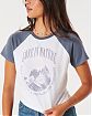 Женская футболка Hollister белого цвета с синими рукавами и винтажным рисунком. Модель 06960. Подробное описание и цена товара. Доставка по России, Москве и Области от Moscow USA