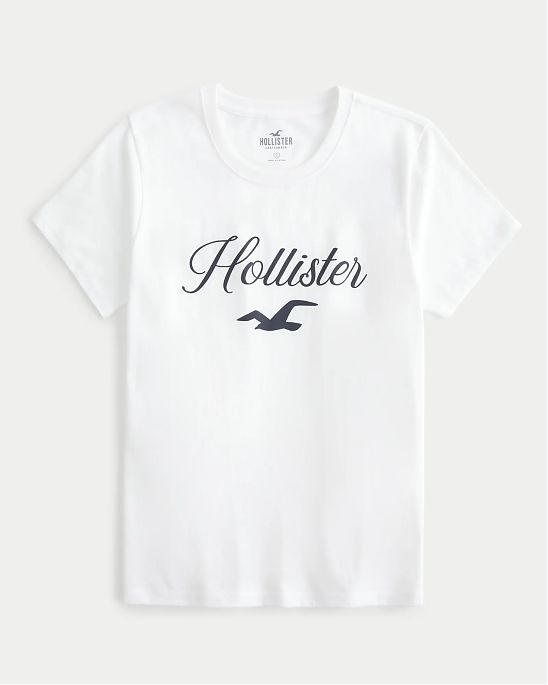 Женская футболка Hollister белого цвета с логотипом принтом. Модель 07153. Бесплатная доставка по России, Москве и Области от Moscow USA