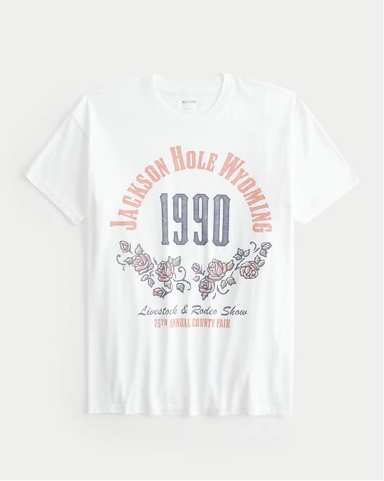 Женская футболка Hollister Oversized Джексон Хоул белого цвета с принтом. Модель 07768. Подробное описание и цена товара. Доставка по России, Москве и Области от Moscow USA