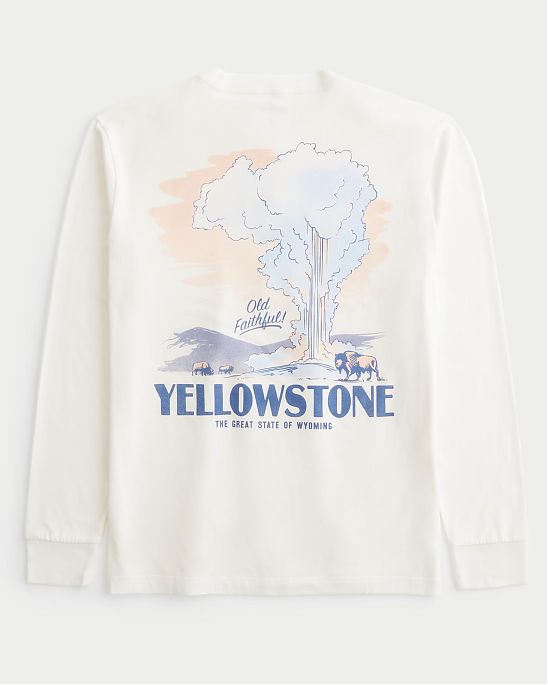 Moscow USA предлагает вам купить футболку с длинным рукавом Hollister бежевого цвета с графикой Йеллоустонского парка на груди и спине. Модель 06844. Доставка по России, Москве и области, самовывоз