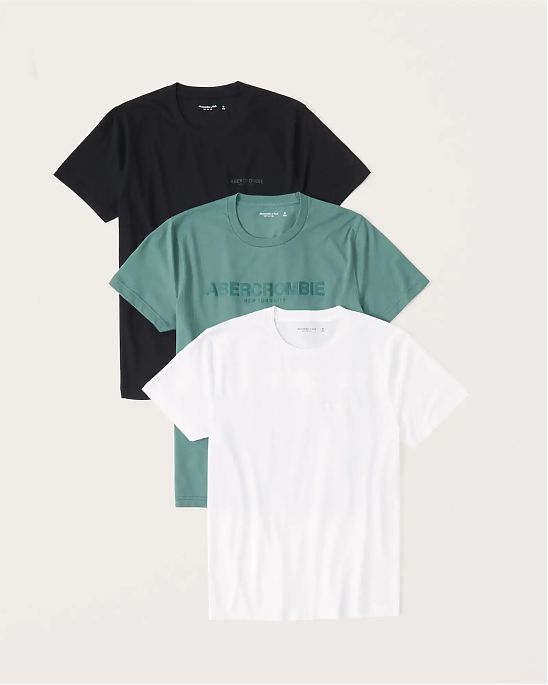 Moscow USA предлагает вам купить комплект из 3 футболок Abercrombie Fitch черного, зеленого и белого цвета с фирменной 3D надписью. Модель 06182. Доставка по России, Москве и области, самовывоз
