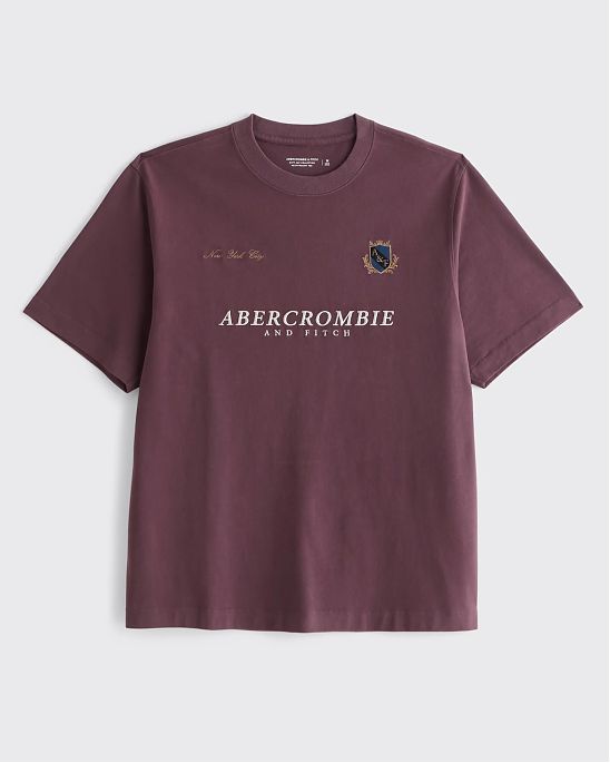 Мужская футболка Abercrombie & Fitch баклажанового цвета из плотного хлопка SoftAF с принтом и вышивкой. Оригинальная модель, бесплатная доставка и примерка по России.
