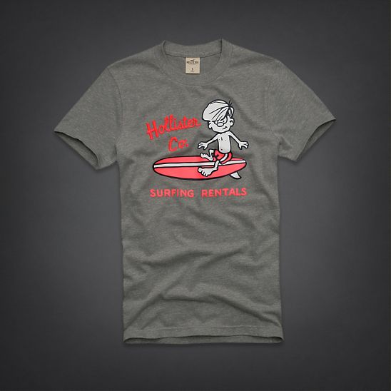 Moscow USA предлагает вам купить футболку Hollister Surfing Rentals серого цвета с рисунком в виде серфера. Модель 00054. Доставка по России, Москве и области, самовывоз