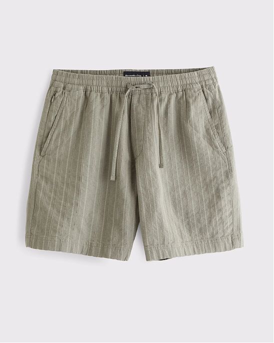 Мужские шорты Abercrombie & Fitch льняные на резинке со шнурком и скрытым карманом на молнии, оливковая полоска. Оригинальная модель, бесплатная доставка и примерка по России.