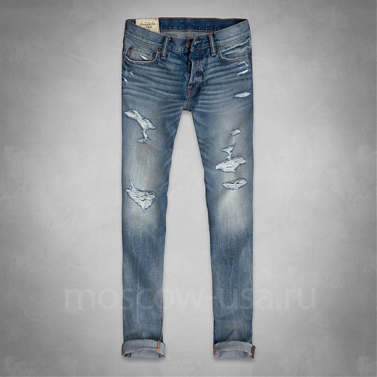 Moscow USA предлагает вам купить рваные джинсы с сильными потертостями Abercrombie and Fitch синего цвета, стиля skinny. Модель 00499. Доставка по России, Москве и области, самовывоз.