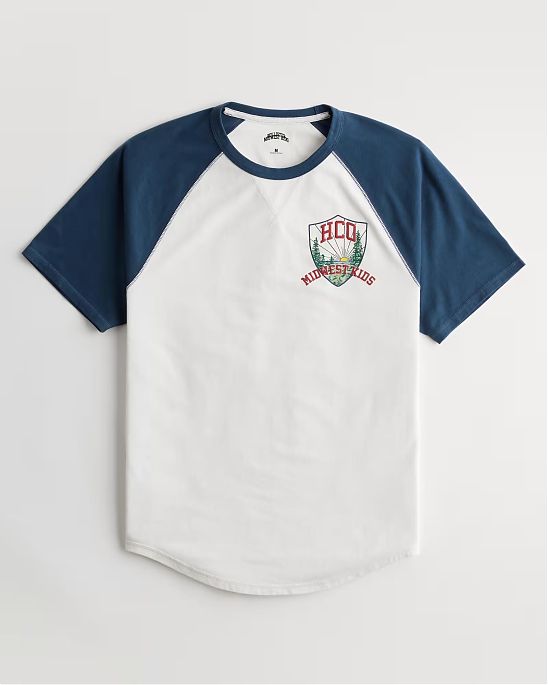 Moscow USA предлагает вам купить футболку Hollister белого цвета с синими рукавам и графикой. Модель 06888. Доставка по России, Москве и области, самовывоз.