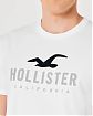 Moscow USA предлагает вам купить футболку Hollister белого цвета с нашитым графическим лого и изогнутым краем. Модель 06935. Доставка по России, Москве и области, самовывоз.