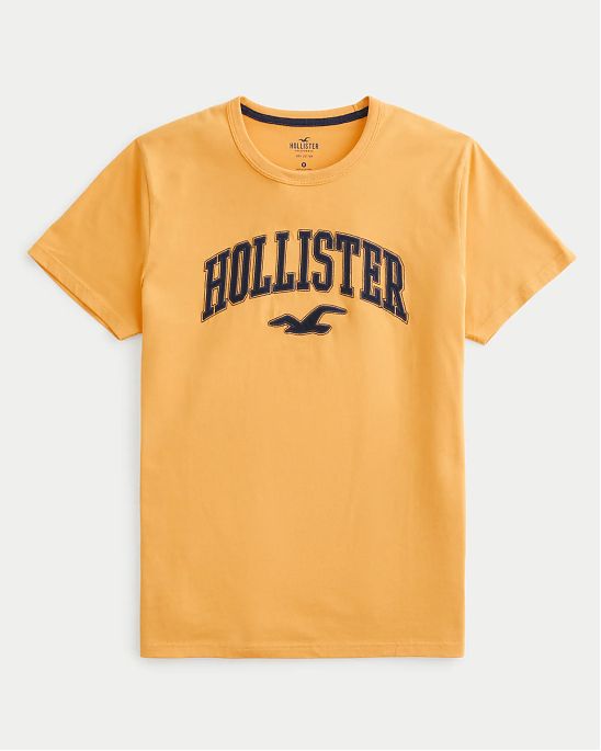 Moscow USA предлагает вам купить футболку Hollister желтого цвета с графическим нашитым логотипом Varsity. Модель 07009. Доставка по России, Москве и области, самовывоз.
