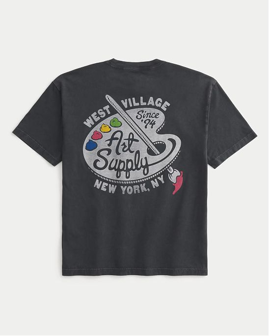 Мужская футболка Hollister из хлопка с принтом West Village Art Supply спереди и на спине черного цвета. Оригинальная модель, бесплатная доставка и примерка по России.