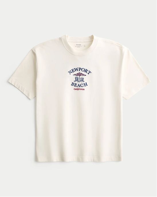 Мужская футболка Hollister прямого плотного кроя с принтом Newport Beach, белого цвета. Оригинальная модель, бесплатная доставка и примерка по России