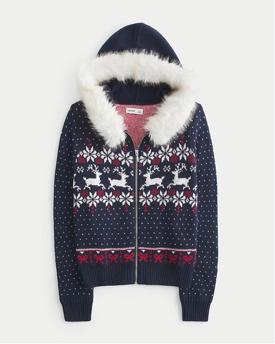 Женская кофта на молнии Hollister с норвежским узором и меховой отделкой капюшона. Оригинальная модель 08090, бесплатная доставка и примерка по России.